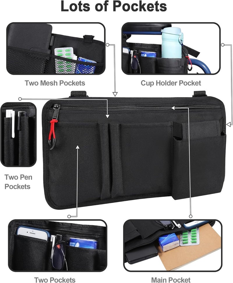 LIGHTMEUP Wheelchair Side Bag with Cup Holder [2 Pack]- Wheelchair Armrest Pouch Accessories for Adults, Storage Bags to Hang on Side Oversized Zipper Pull for Electric Wheelchair Walker Rollator - Image 2